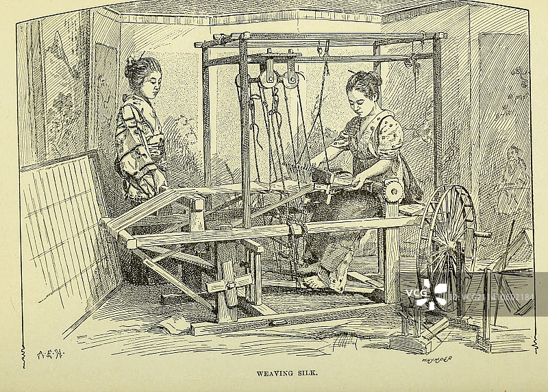 19世纪纺织丝绸的妇女插画图片素材
