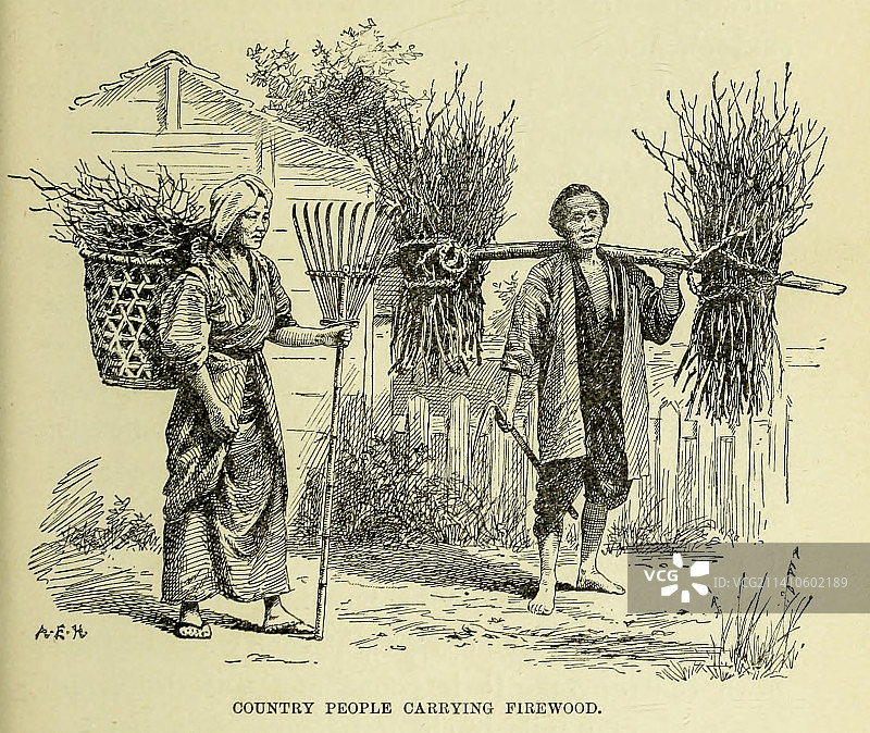 19世纪插画：乡村居民运送木柴图片素材