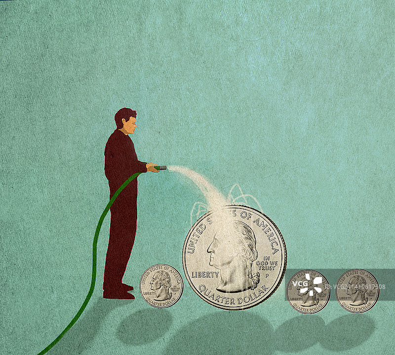 男子给钱浇水插图图片素材