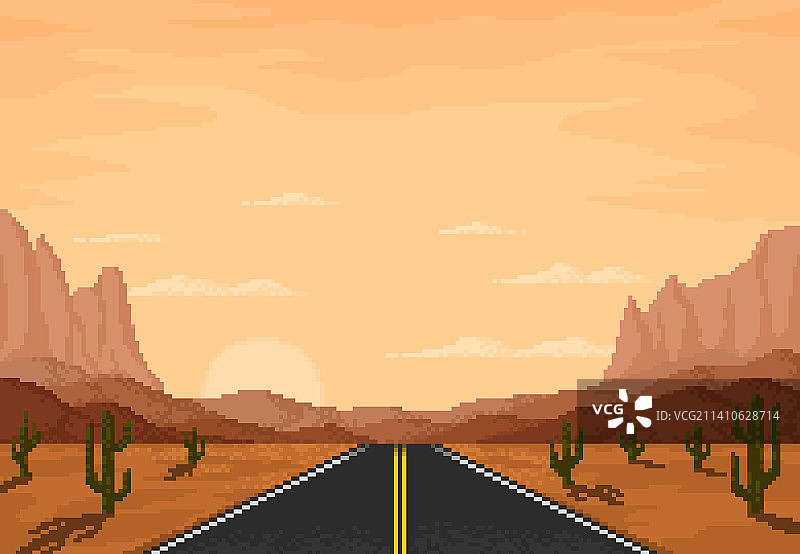 沙漠中的8位像素游戏景观道路图片素材