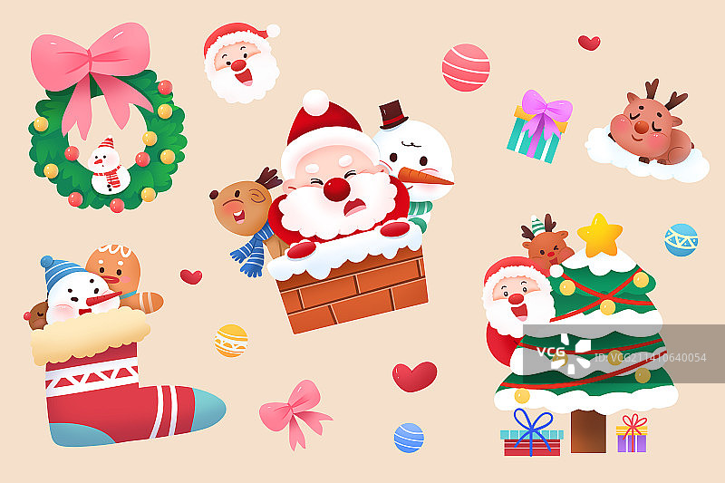手绘卡通圣诞节贴纸组合元素图片素材