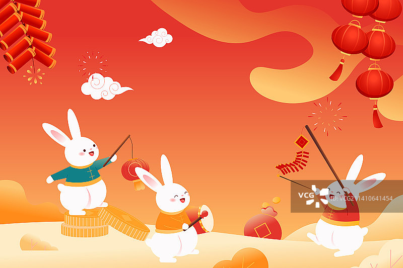 卡通兔年兔子春节新年传统节日习俗2023年元旦美食餐饮团圆饭年夜饭元宵节电商促销中国风国潮矢量插画图片素材