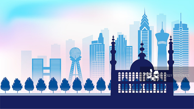 中国新疆乌鲁木齐市城市天际线渐变矢量插画图片素材