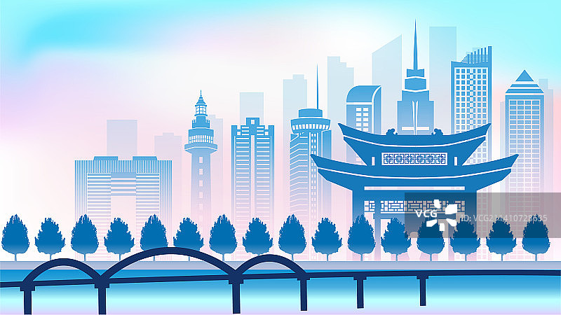 中国山东烟台市城市天际线矢量插画图片素材