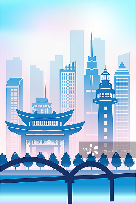 中国山东烟台市城市天际线矢量插画图片素材