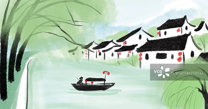 水墨画插画江南美景小桥流水人家图片素材
