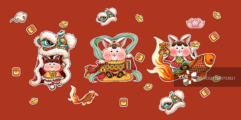 春节喜庆兔年财神年画舞狮红色喜庆矢量插画图片素材