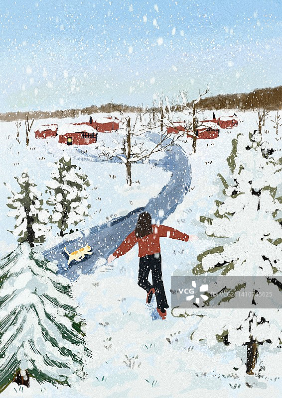 一起在雪地里跑起来，远处就是家图片素材