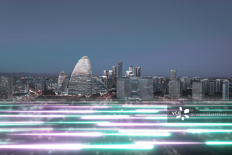 蓝色网格线前景的北京城市天际线图片素材