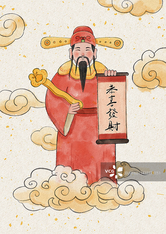 年俗正月初五迎财神古风水墨插画图片素材