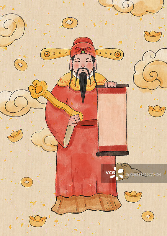 年俗正月初五迎财神古风水墨插画图片素材