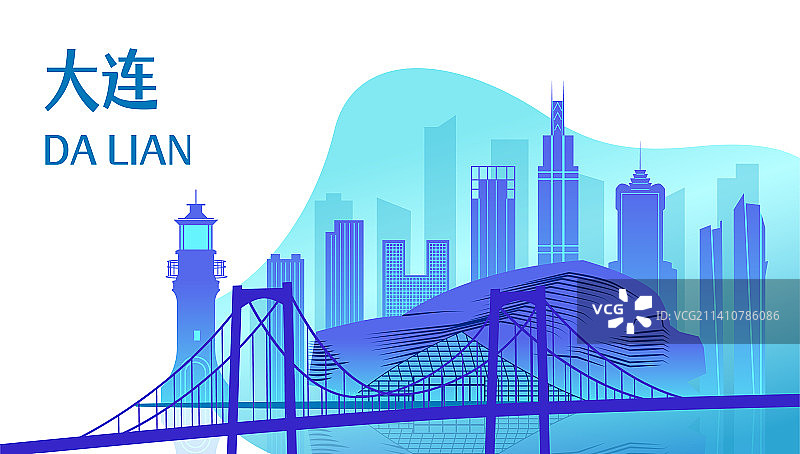 中国辽宁大连市城市天际线渐变矢量插画网页版图片素材