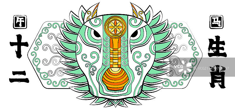 十二生肖午马，简约国潮线描印花纹样卡通形象矢量插画图片素材