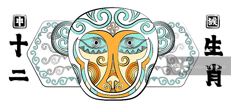十二生肖申猴，简约国潮线描印花纹样卡通形象矢量插画图片素材