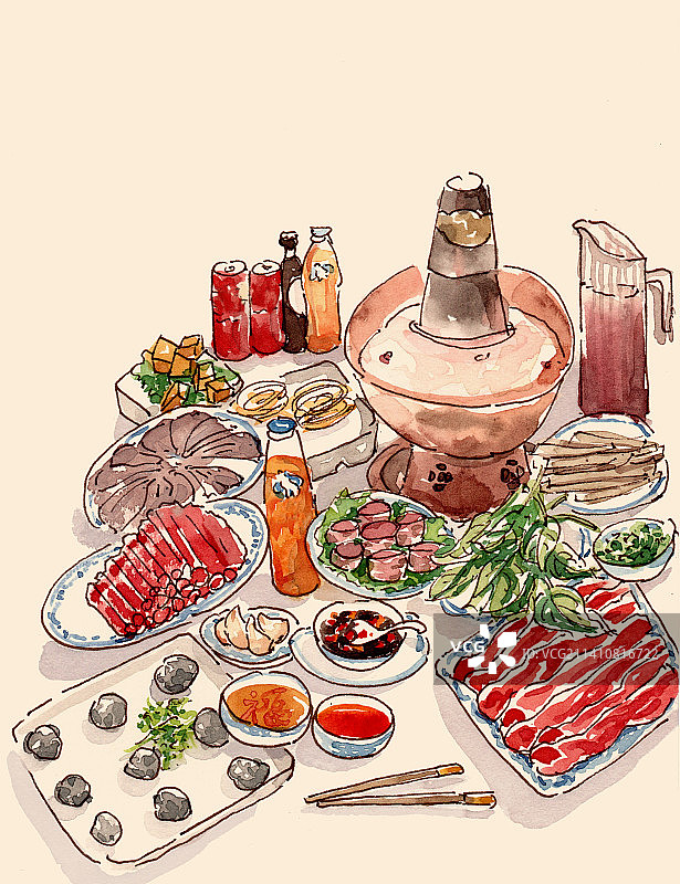 钢笔淡彩手绘美食火锅图片素材