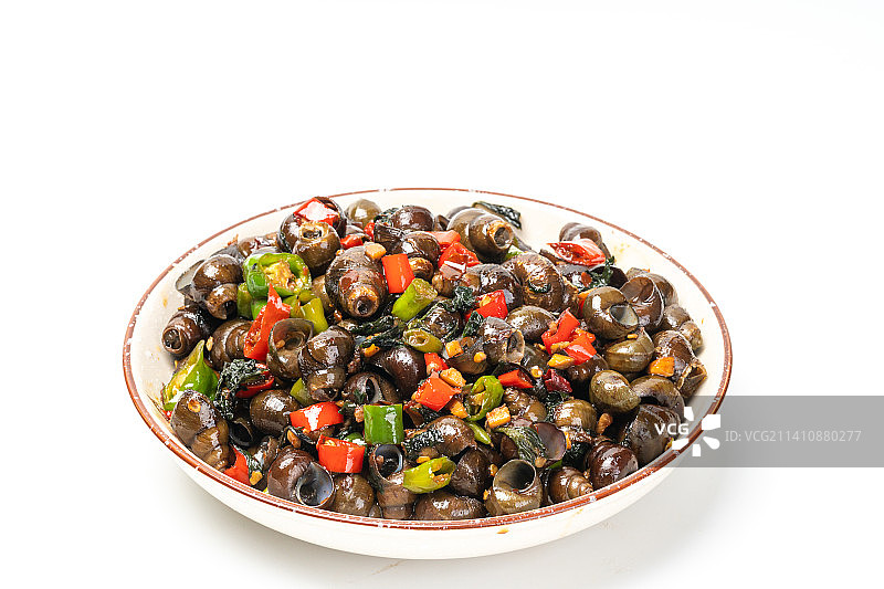 白色背景紫苏炒田螺，美食小吃嗦螺图片素材