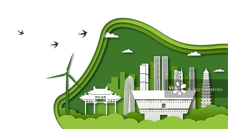 中国山西太原市景观剪纸风矢量插画图片素材