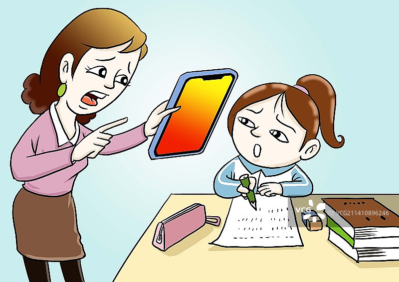 妈妈发现女儿作业用手机搜题图片素材