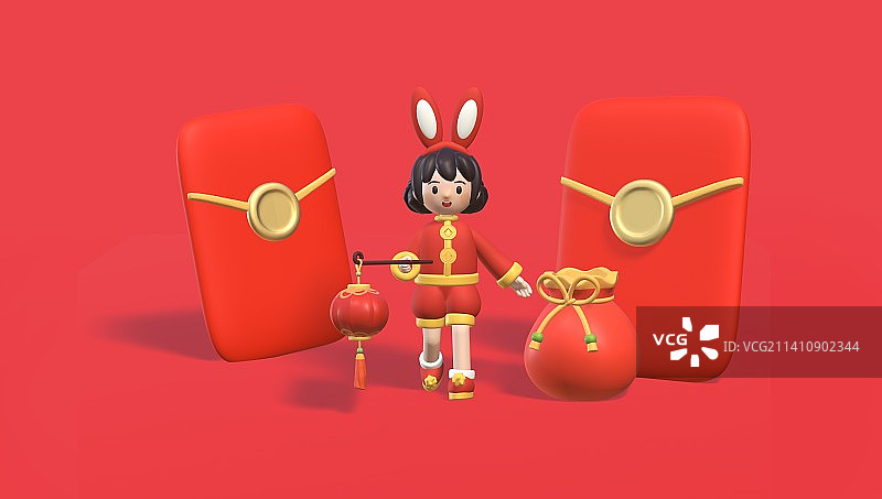 穿兔子装的喜庆娃娃形象3D可爱插画图片素材