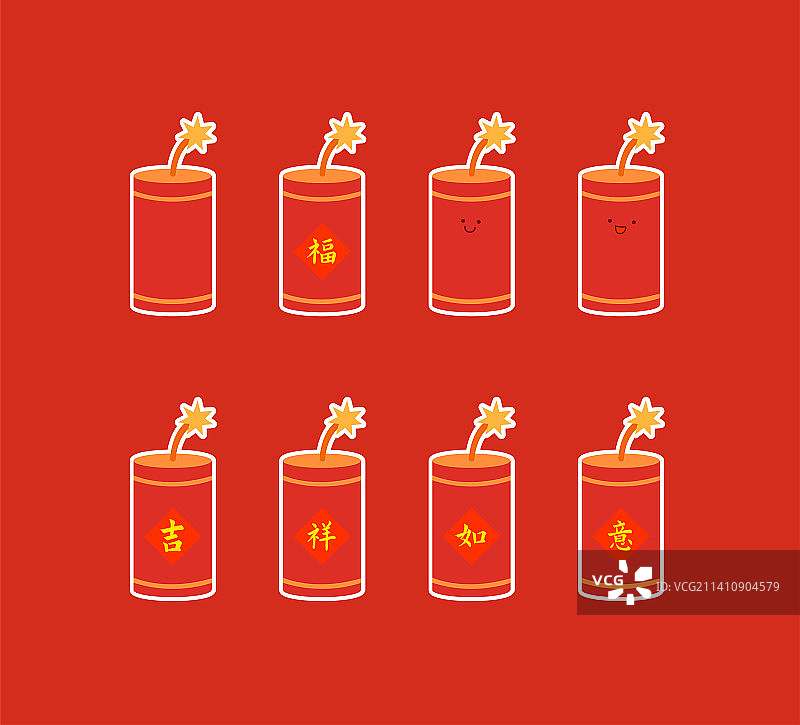 鞭炮新年贴纸插画设计元素，IP形象设计可爱卡通，新年春节除夕小年元旦冬季吉祥如意福字吉祥话贴纸表情包图片素材