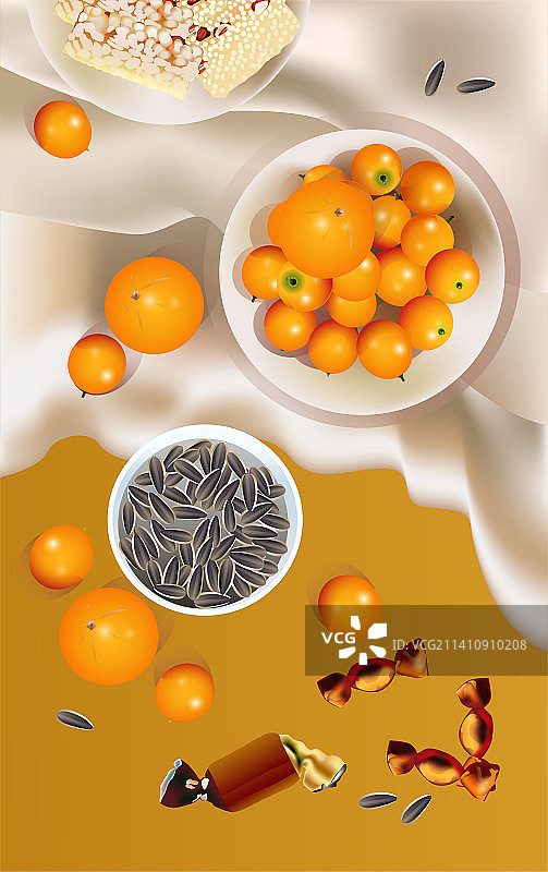 矢量新年喜气场景金桔瓜子静物摆拍图片素材