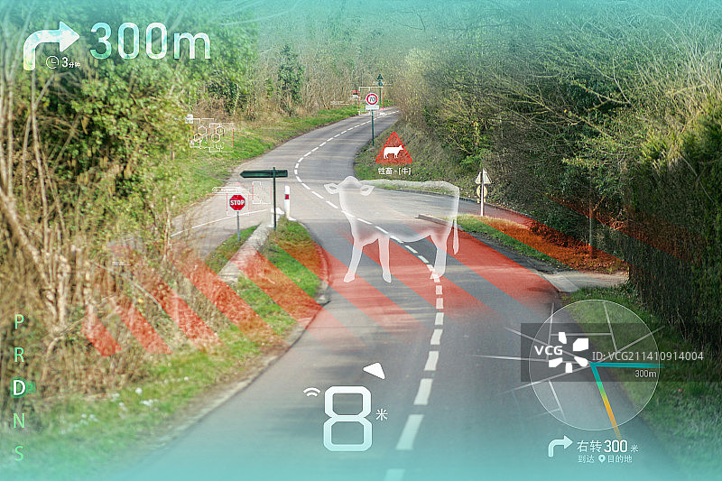 无人驾驶汽车自动导航躲避行人与障碍物紧急制动刹车保持安全距离六向环境感知传感器激光测速防止追尾碰撞图片素材