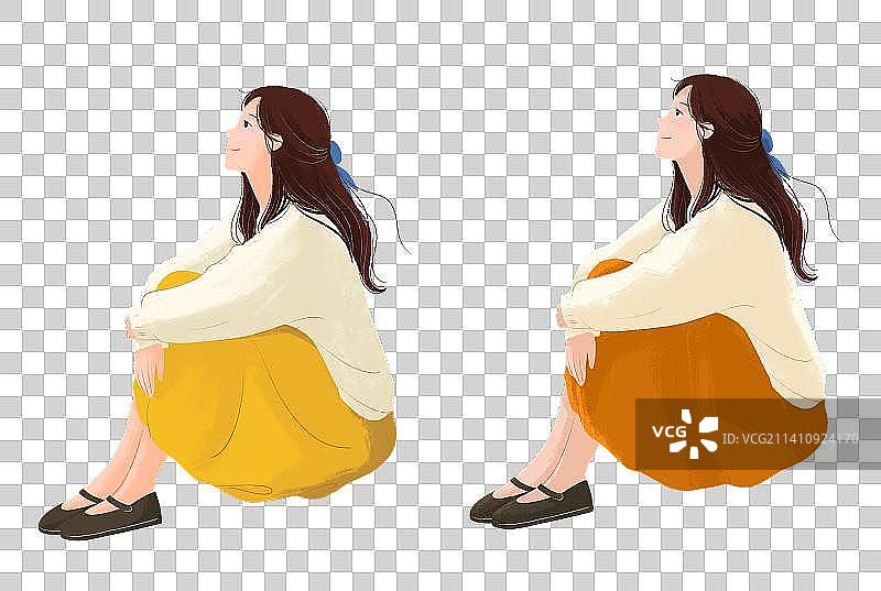治愈系插画一个穿橘色裙子坐着的文艺女孩图片素材