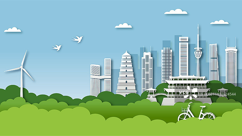 中国陕西西安市城市剪纸风矢量插画图片素材