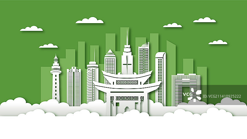 中国山东烟台市城市景观剪纸风矢量插画图片素材