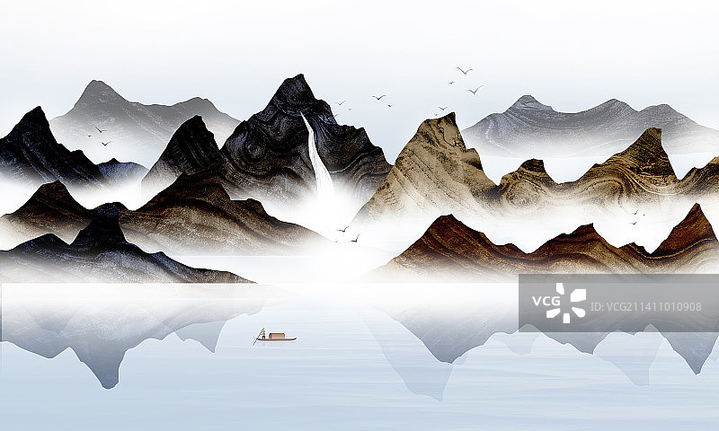 新中式中国风水墨画山水插画图片素材