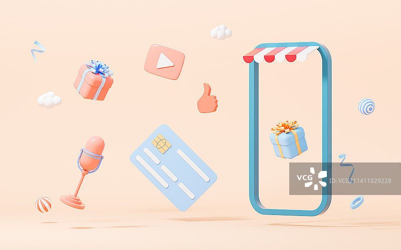 手机直播与网购主题3D渲染图片素材