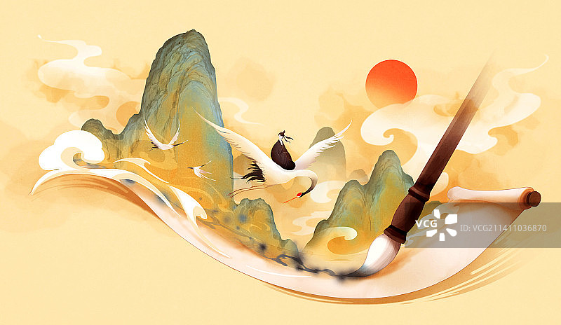 水墨，山水，卷轴，插画图片素材