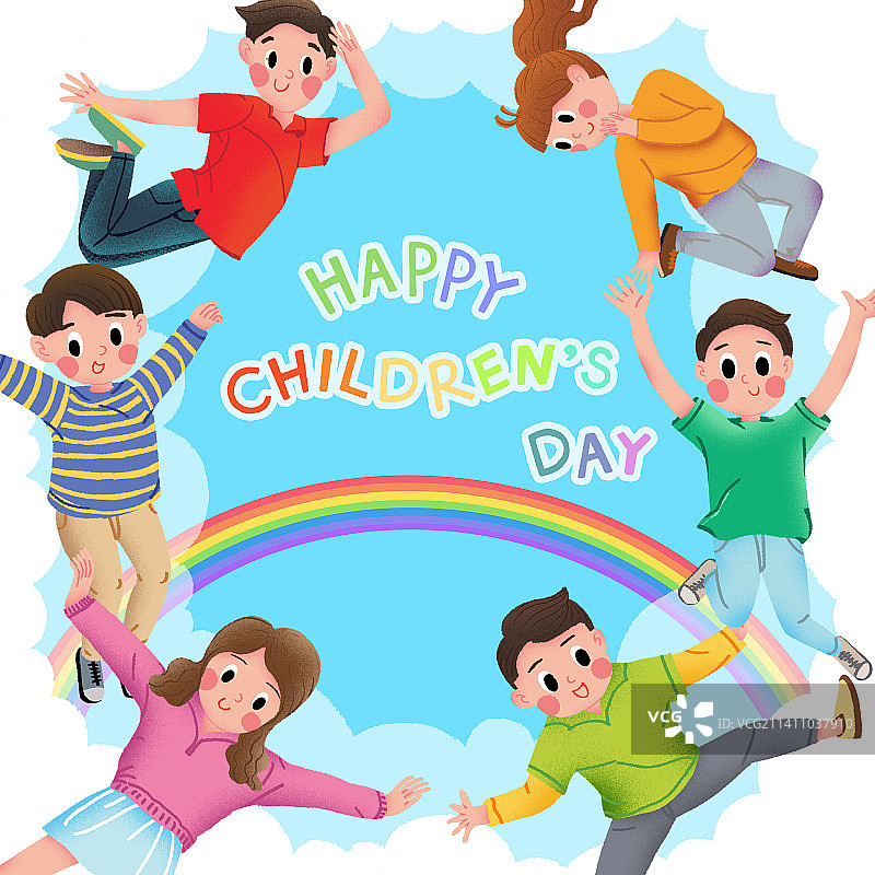 儿童节六个小孩欢快的跳跃着图片素材