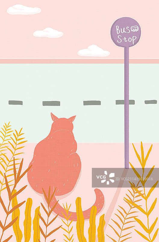 扁平风插画喵星人在站牌处等车图片素材