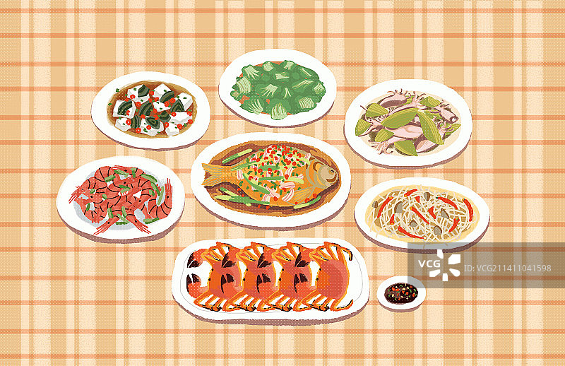 扁平风美食清新插画一桌菜图片素材