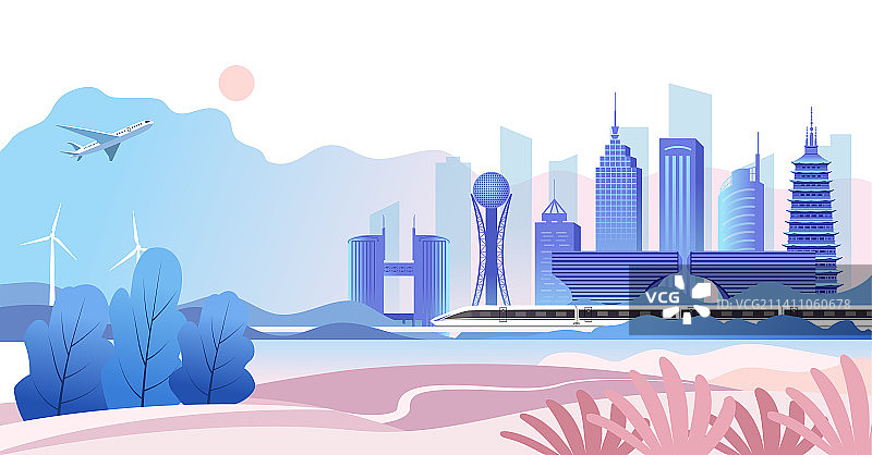 中国江苏常州市城市旅游景观手绘矢量插画图片素材