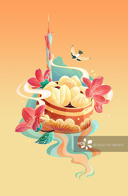 中国风美食点心叉烧包广州塔国潮插画图片素材