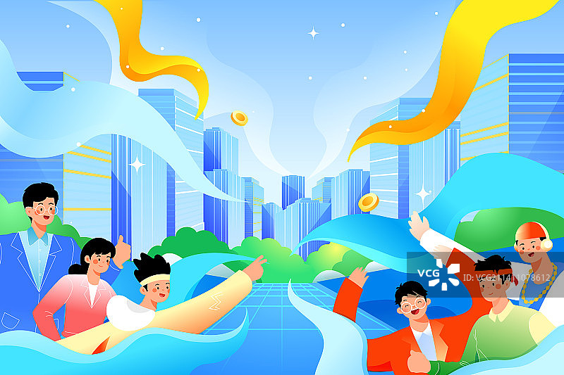 卡通春季春天电商促销优惠活动网购消费券妇女节女孩女生节购物节庆祝送礼活动城市建筑风景渐变矢量插画图片素材