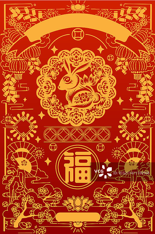 兔子剪纸春节插画图片素材