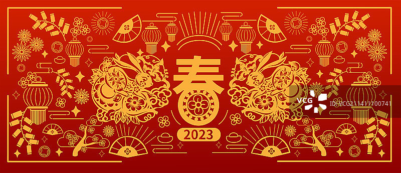 兔子剪纸春节插画图片素材