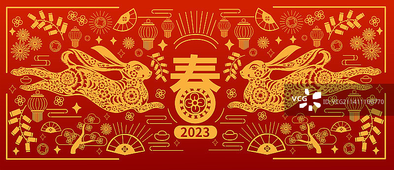 兔子剪纸春节插画图片素材