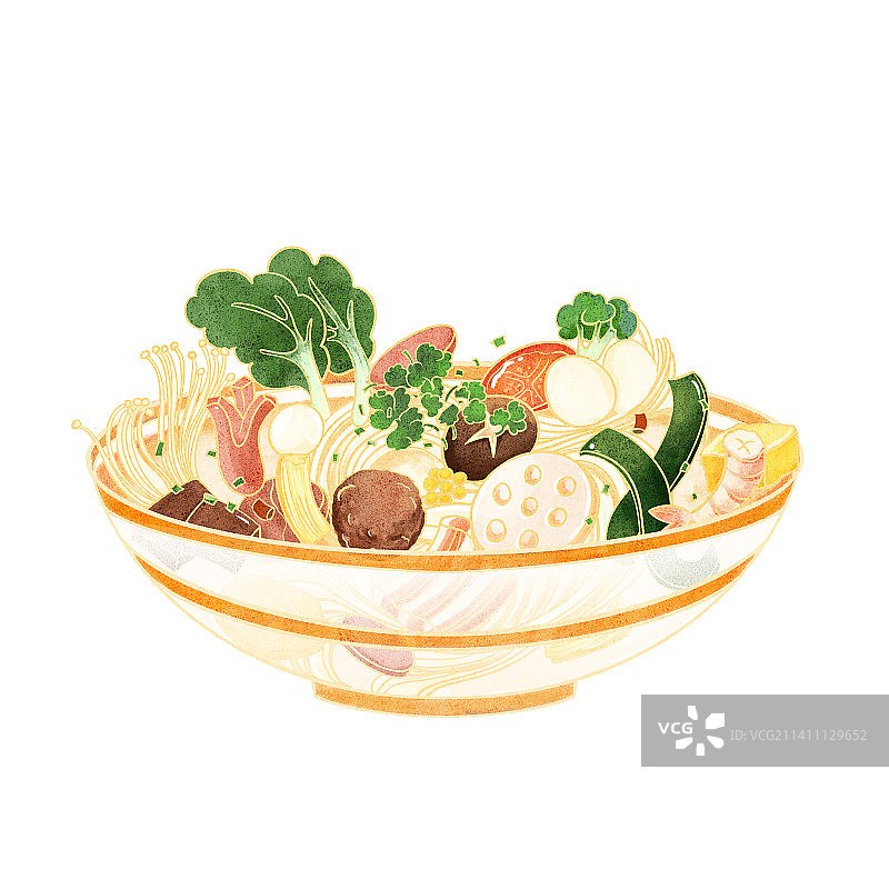麻辣烫丸子藕片金针菇青菜炖菜米粉插画图片素材