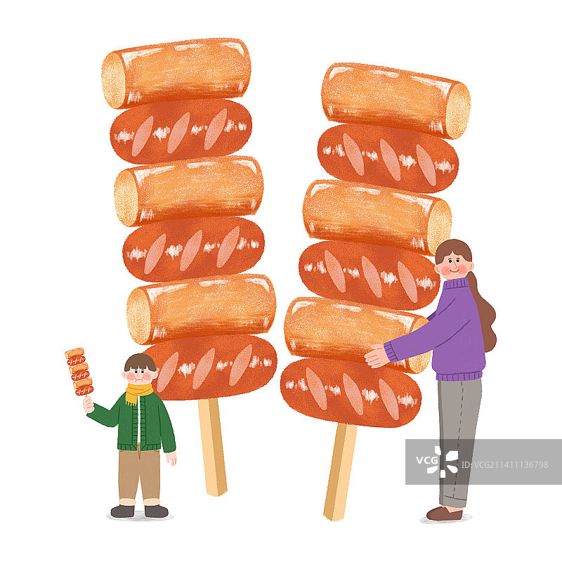 韩国冬季街头美食插画：米糕和香肠图片素材