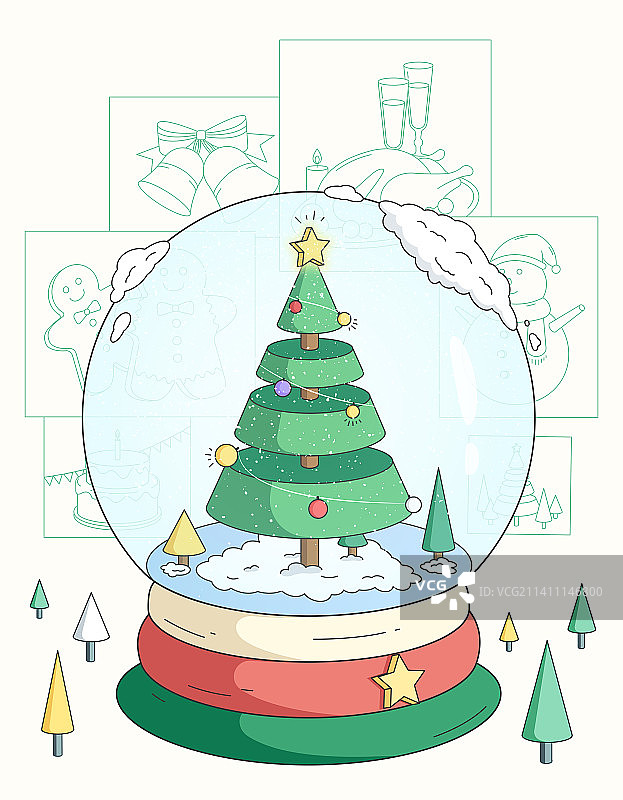 积雪的圣诞树水晶球插画图片素材