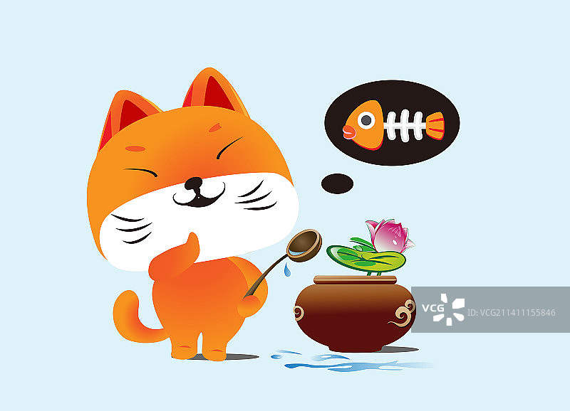卡通风格小猫咪想吃鱼的儿童插画图片素材