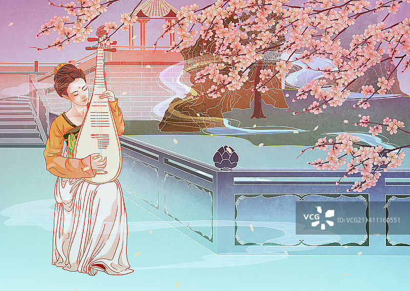 中国国风国潮汉服少女美女放风筝背景插画横版图片素材
