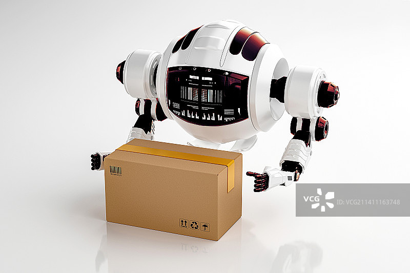 白色背景下的机器人搬运纸箱图片素材