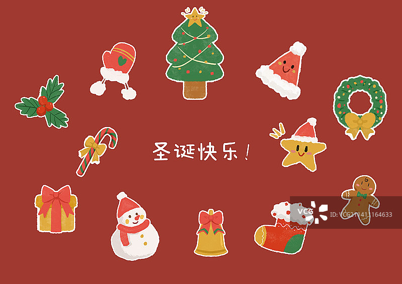 圣诞节雪人花圈袜子清新可爱手绘元素图片素材