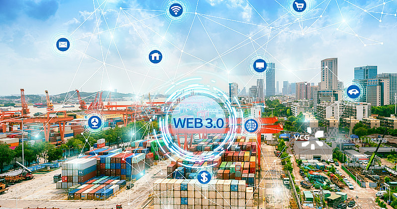 货运港口码头背景的web3.0或web3互联网概念图片素材