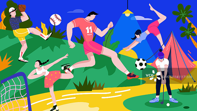 撞色运动人物踢球瑜伽滑冰高尔夫棒球扁平矢量风格互联网插画图片素材